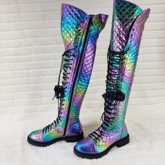 Travis Festive Quilted Metallic Rainbow Corset Lace Over the Knee Boots - Picture 5 of 11